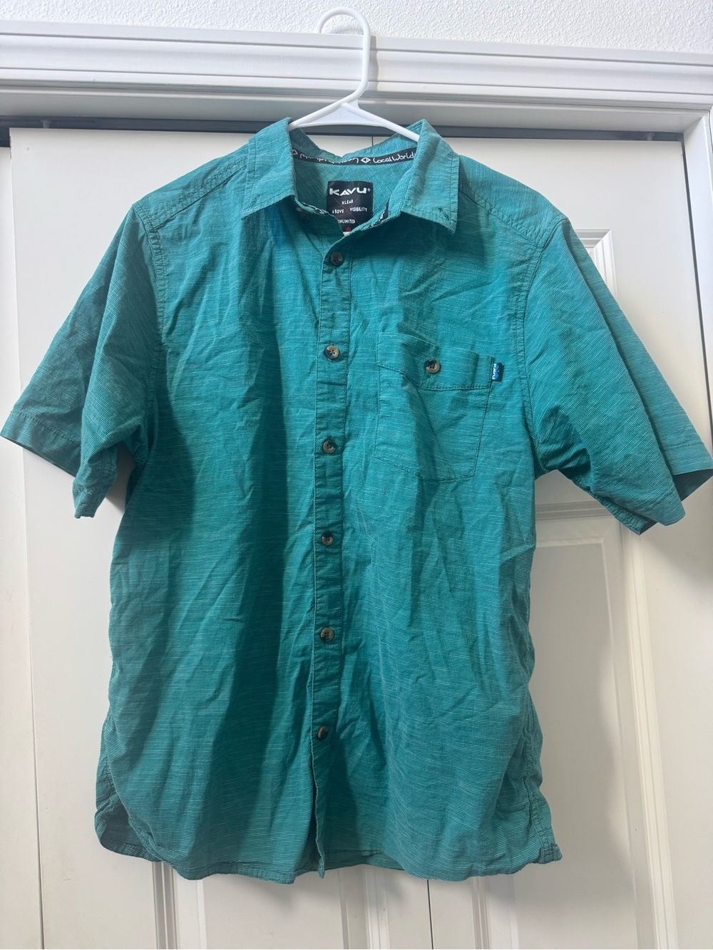 Kavu Welland Shirt Short Sleeve Teal Striped Button Up Chest Pocket Medium